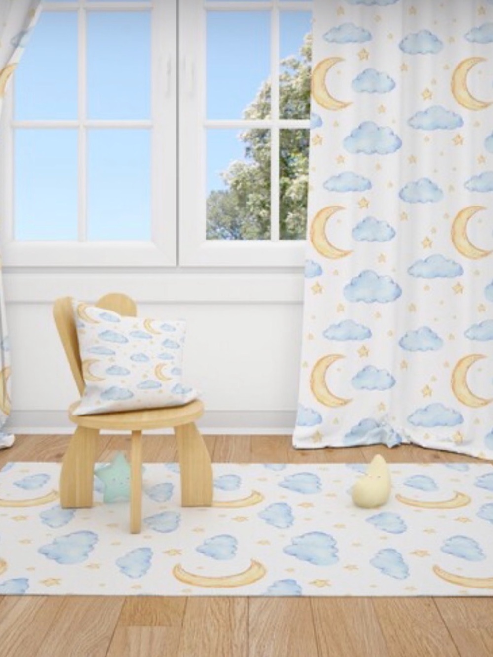 Nursery Curtain Set- Moon and Clouds Print in Blue & Yellow